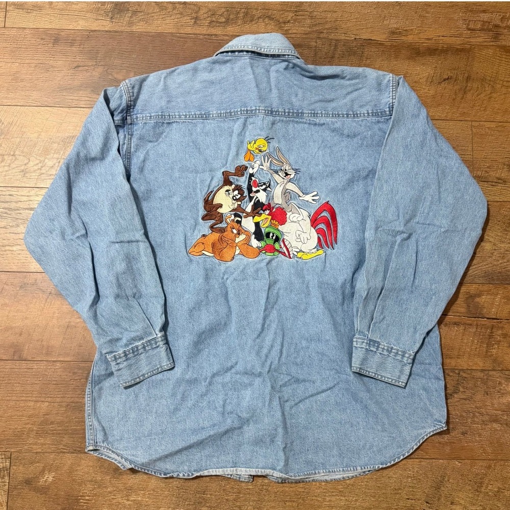Vintage Warner Bros Studio Store Looney Tunes Denim Shirt Embroidered Large Blue